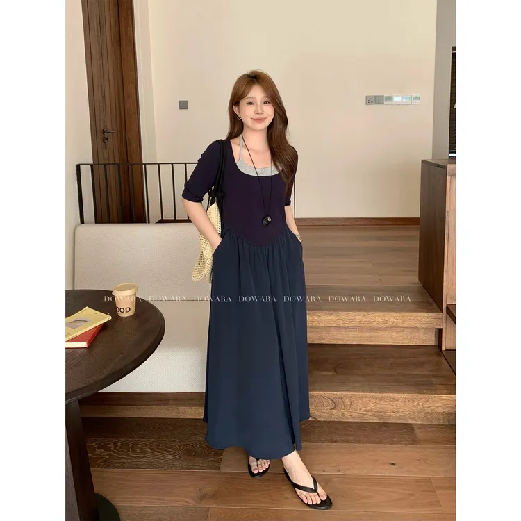 现货大婉酱微胖定制挂脖收腰假两件连衣裙女设计感显瘦长裙 9149D