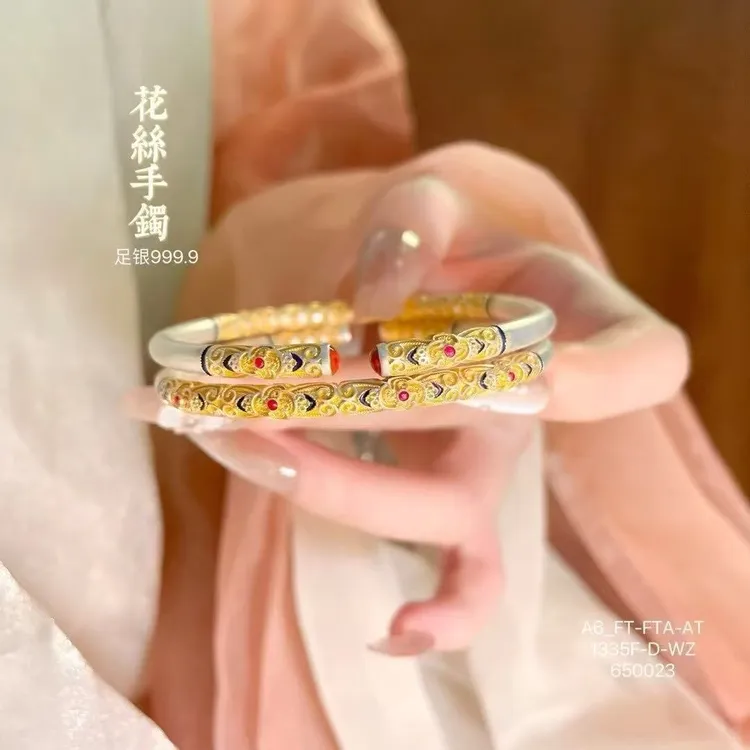 足银珐琅手镯 足银9999描金珐琅手镯复古国潮圆棍古法纯银镯子