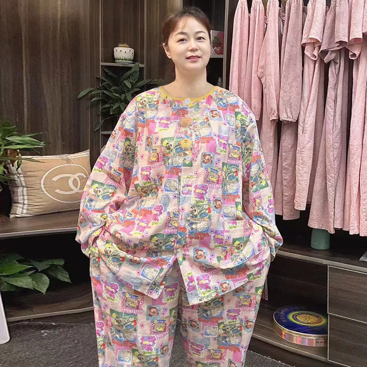 秋季新款纯棉磨毛睡衣女士中等加厚家居服卡通长袖长裤开衫两件套