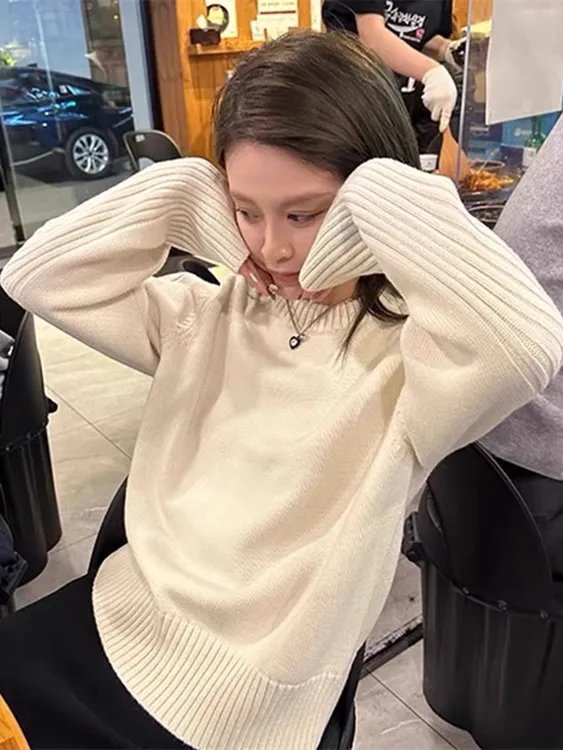 秋冬慵懒宽松长袖打底针织衫上衣洋气高级感可外穿圆领毛衣女内搭