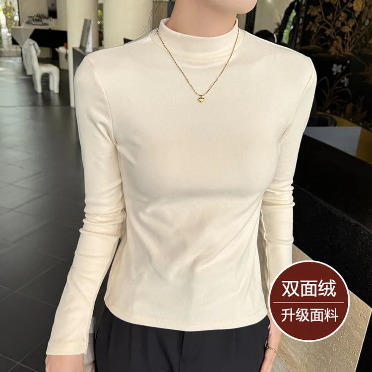 半高领加绒打底衫女时尚通勤秋冬款保暖加厚长袖t恤简约纯色加绒