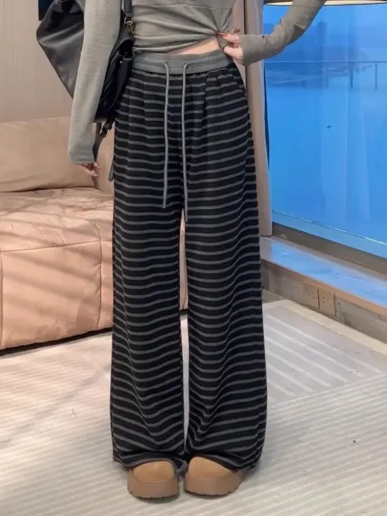 韩系慵懒条纹显瘦百搭阔腿休闲裤女2025春季新款松紧腰抽绳拖地裤
