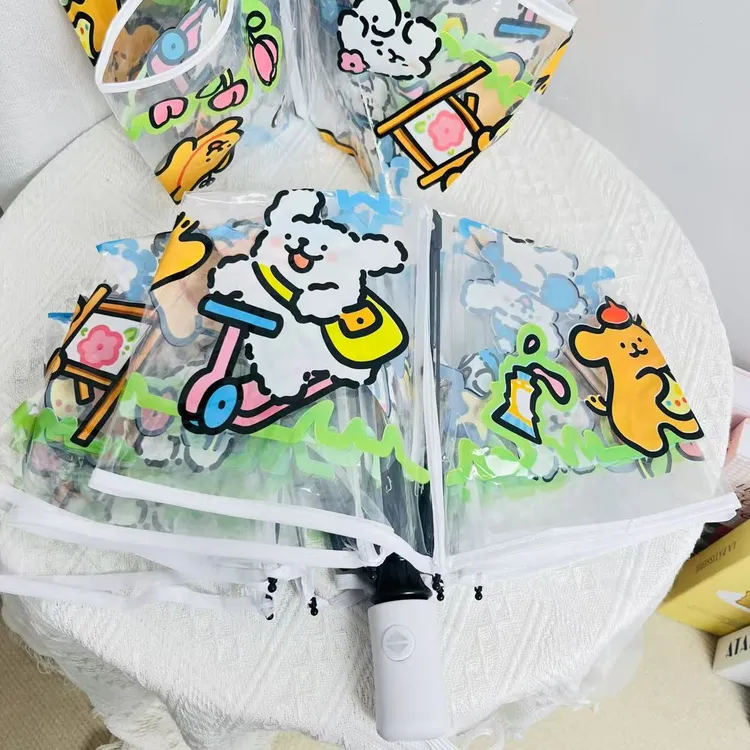 线条小狗透明雨伞可爱卡通折叠全自动雨伞男女学生长柄加厚防水