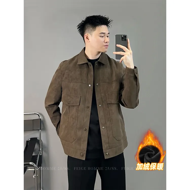 加绒系列/轻熟男潮流时尚情侣短款戴盖修身反绒皮衣夹克外套#8001