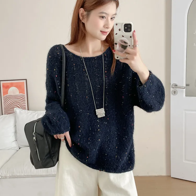 时尚彩色球球亮片卷边毛衣女秋冬季韩版一字领慵懒风针织衫