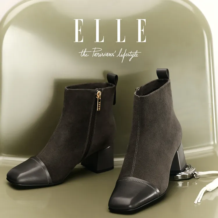 ELLE流光风高级感小短靴女瘦瘦靴2025新款法式粗跟拼接真皮马丁靴