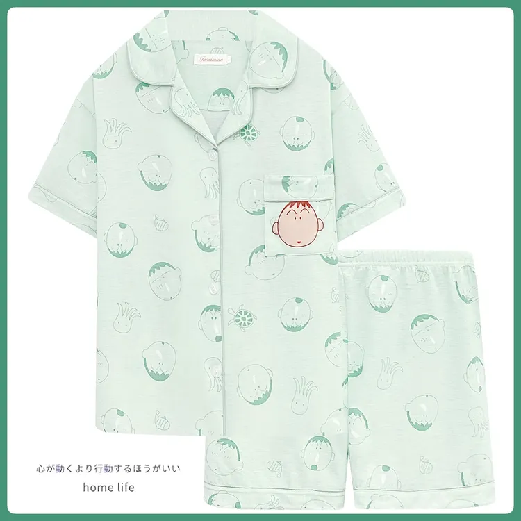 2025年夏季纯棉短袖短裤睡衣少女可爱卡通蜡笔小新阿呆家居服套装