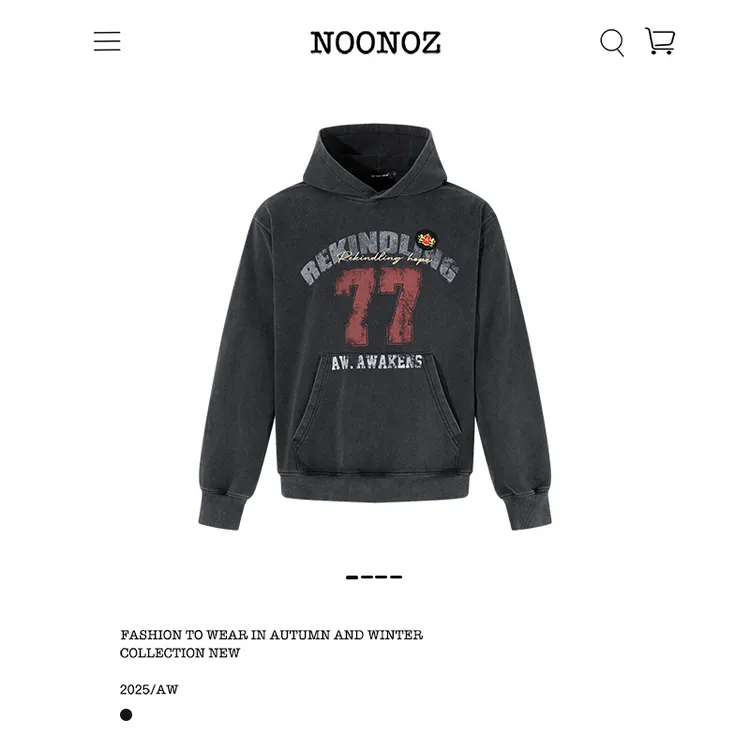 NOONOZ美式水洗做旧字母数字连帽卫衣男潮牌街头中性风嘻哈帽衫