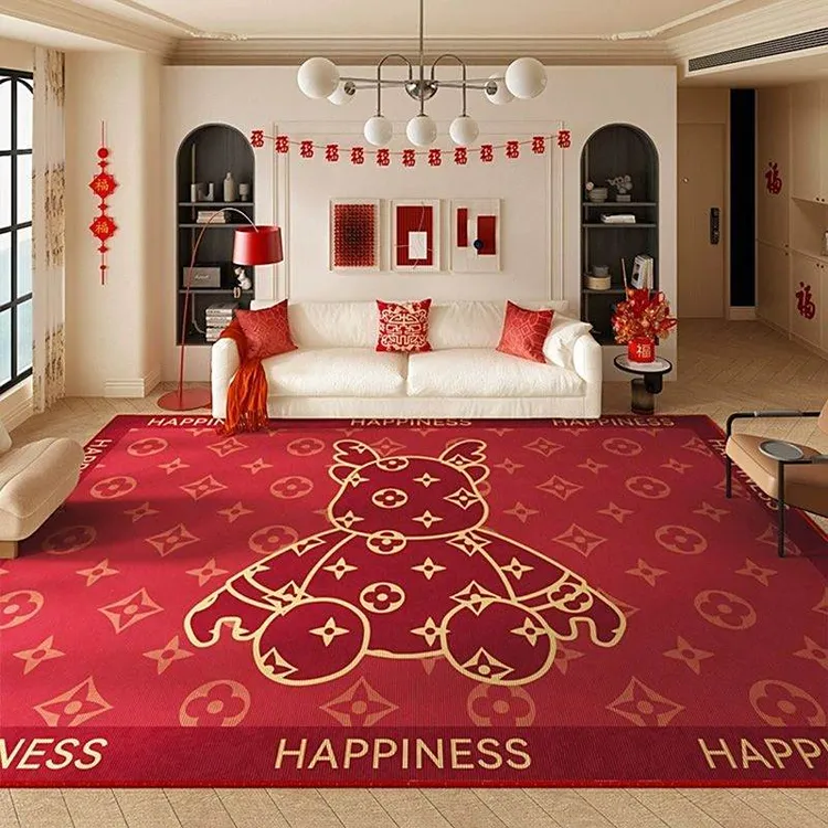国潮卡通新年客厅地毯水晶绒喜庆红色茶几毯沙发地垫卧室床边垫子