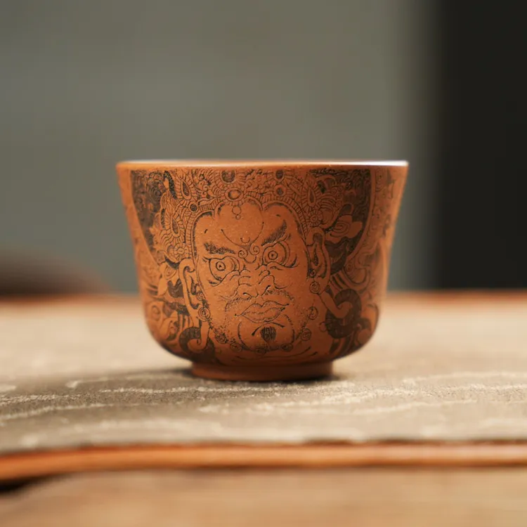 南柯记【绿财神】全手工泥绘敞口杯|紫砂茶杯主人杯高档茶器