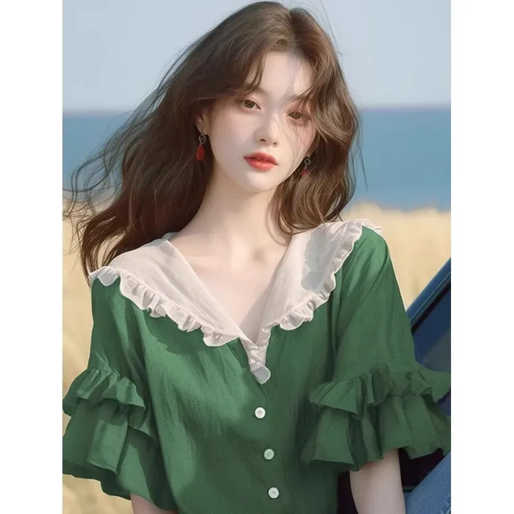 短袖衬衫2025新款女夏绿色荷叶边设计感宽松小众独特漂亮小衫上衣