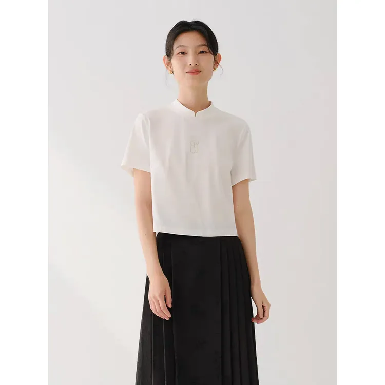门店26&9！白百合T恤」新中式/奥代尔棉旗袍领国风短袖上衣 D40077
