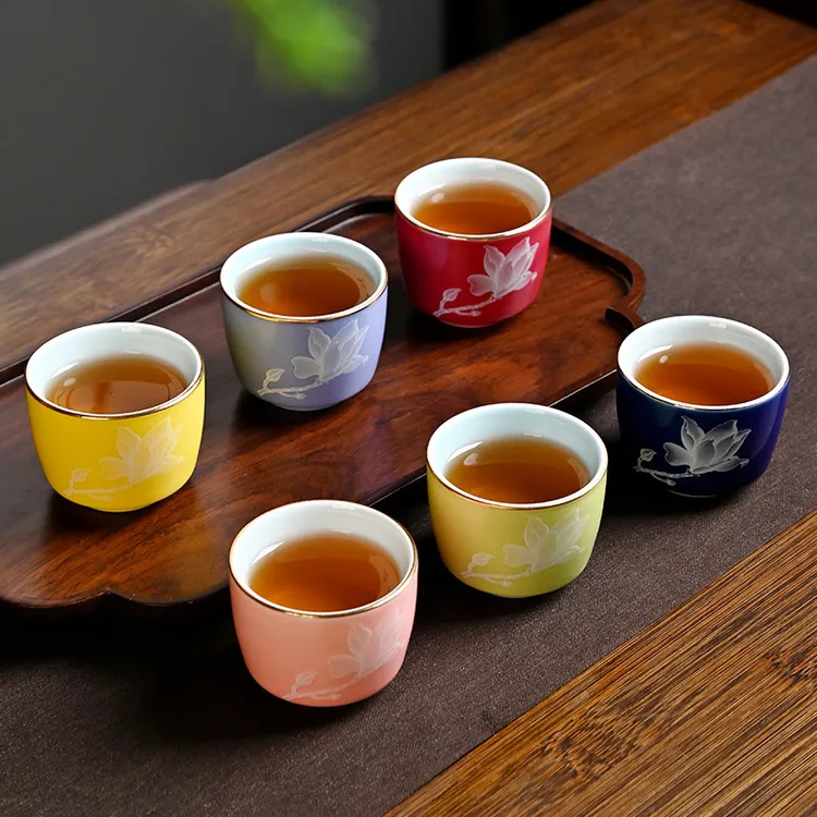 6杯礼盒装主人杯品茗杯陶瓷中式女生粉色茶杯玉兰花功夫茶具茶盏