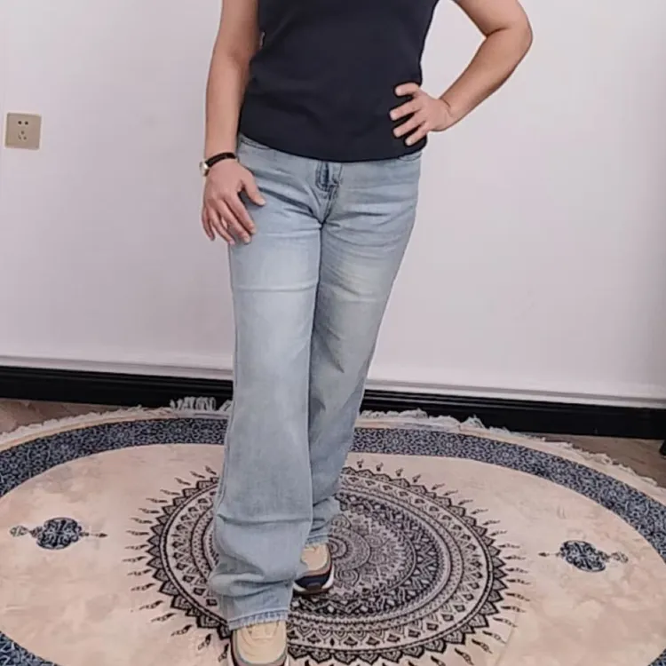 9938新款女士浅蓝色做旧石磨高腰无弹直筒裤拖地裤牛仔裤包邮