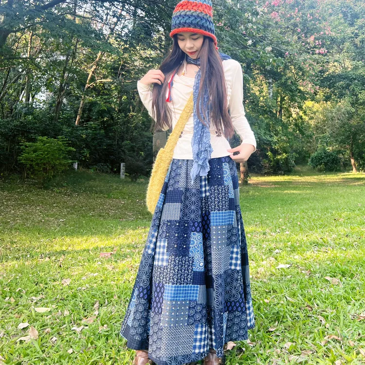 云南大理民族风秋冬半身裙花色松紧腰拼色A字裙