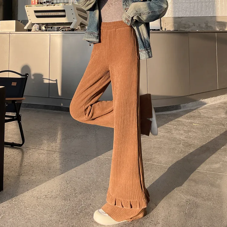 木耳边灯芯绒微喇裤子女秋冬新款加厚条绒软糯休闲花边拼接拖地裤