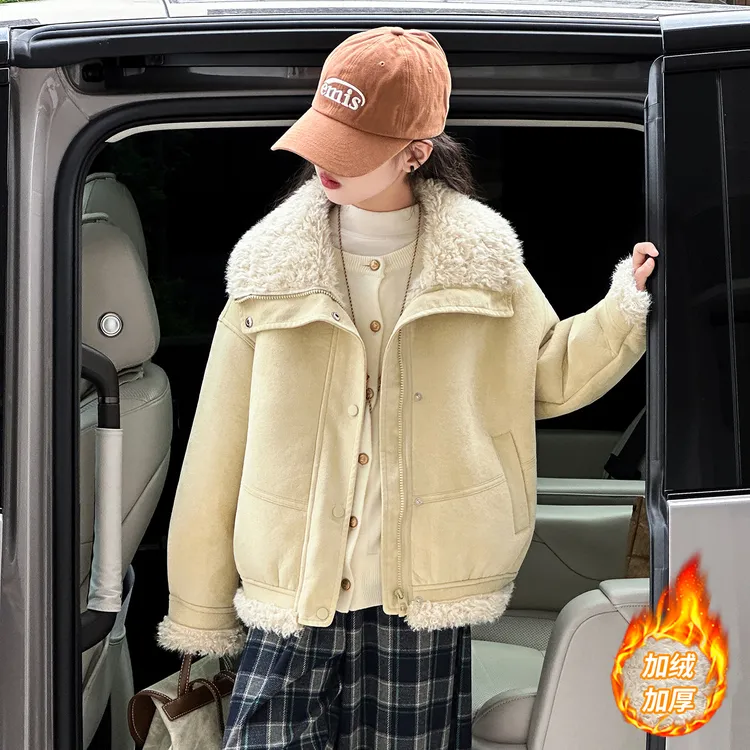 女童冬装皮毛一体大翻领羊驼绒外套新款冬季加绒加厚保暖夹克棉衣