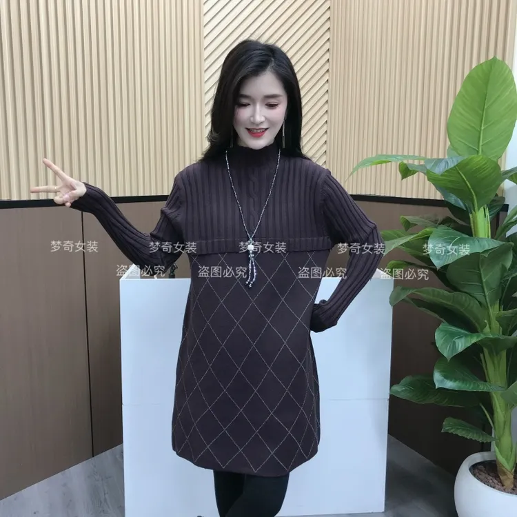 高腰冬季打底长袖连衣裙加厚毛衣显瘦半高领拼接款韩版美拉德色系