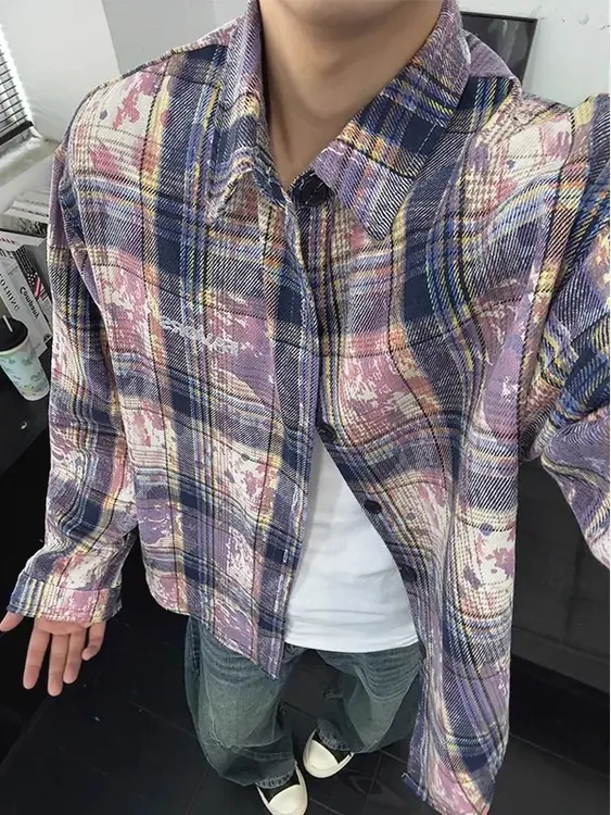 紫色扎染格子衬衫男款美式复古长袖衬衣外套vintage秋季叠穿上衣