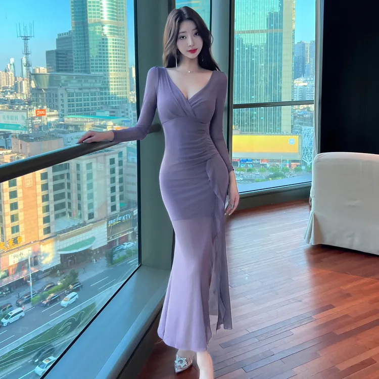 名媛性感V领低胸长袖网纱连衣裙秋冬修身开叉长裙夜场上班工作服