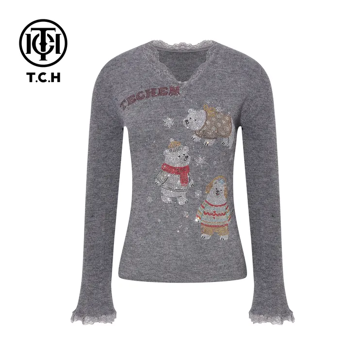 TCH【含绵羊毛】冬款时尚烫钻灰色休闲风女装针织衫T75D09E1160
