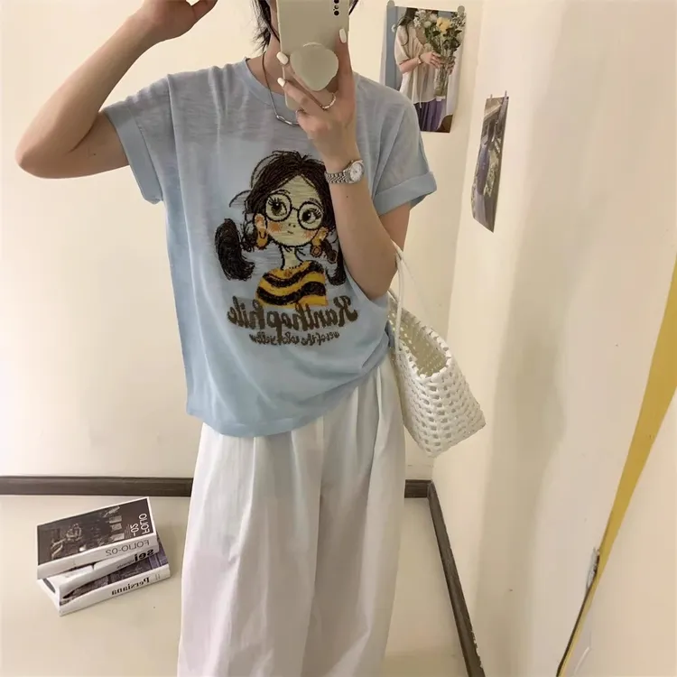 欧货2025夏季时尚圆领卡通女孩印花短袖冰丝针织T恤女显瘦上衣潮