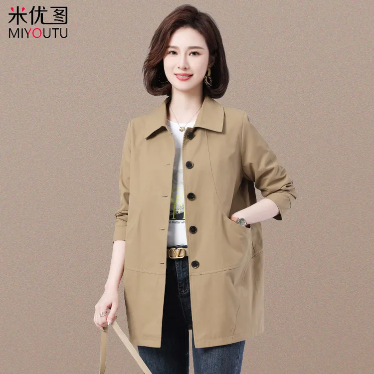 春装洋气翻领单排扣中长款风衣女装2025大码中年妈妈休闲外套褂子