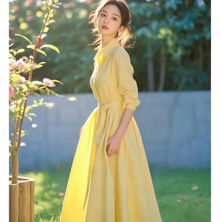 【bing】黄色衬衫连衣裙2025新款今年流行爆款韩系温柔气质休闲长裙