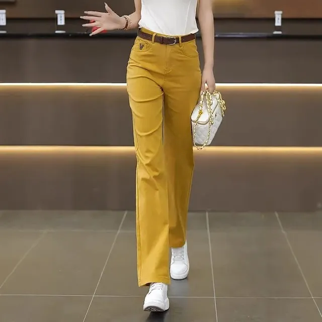 姜黄色牛仔直筒裤女2025年春秋季新款高腰小个子显瘦宽松阔腿裤子