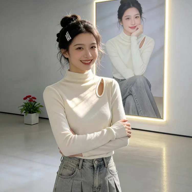 韩系洋气镂空半高领长袖打底衫女2025秋冬修身显瘦设计感套头上衣