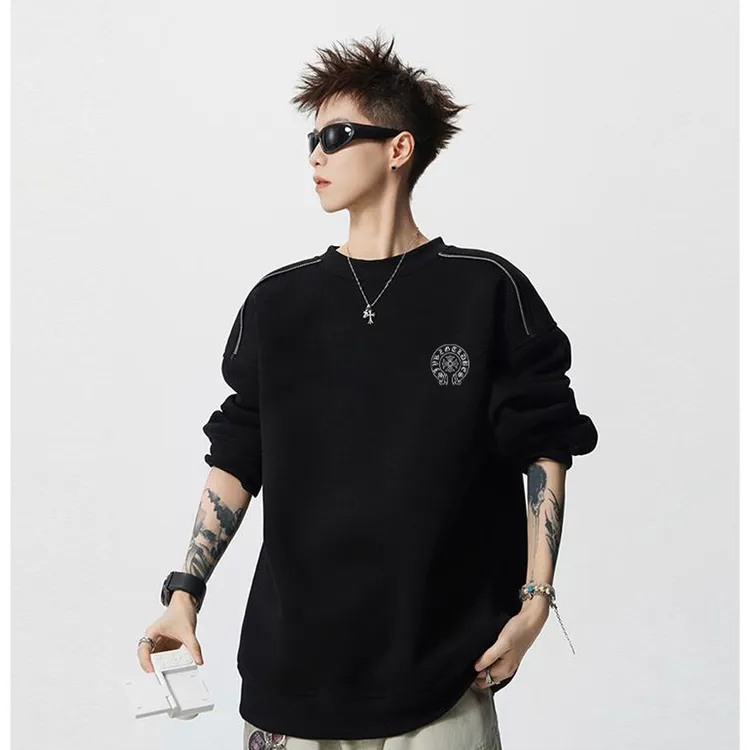美式高街重磅圆领无帽卫衣高级感印花长袖T恤设计感长袖情侣上衣