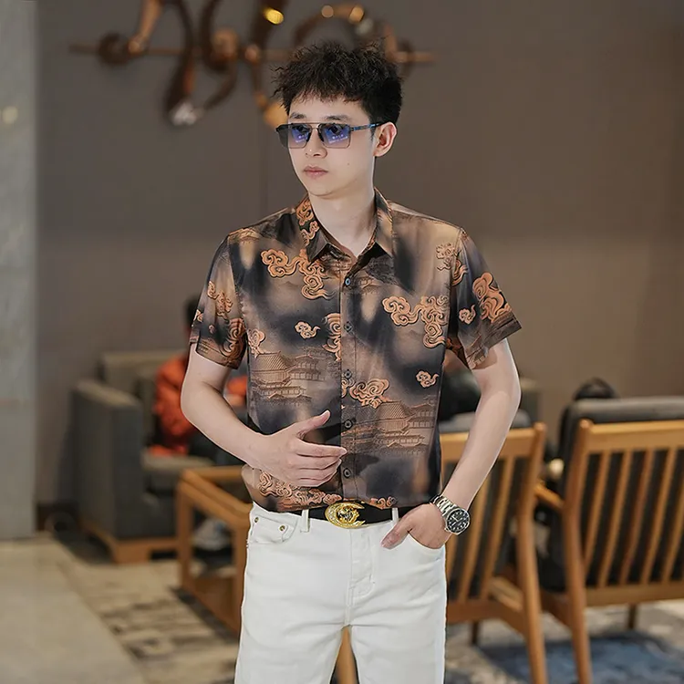 男士夏季新款冰丝商务修身短袖衬衫休闲百搭薄款翻领时尚衬衣