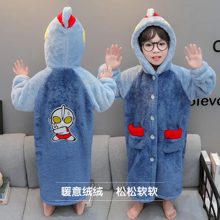 儿童奥特曼睡袍珊瑚绒秋冬浴袍连帽卡通睡衣中小男童法兰绒家居服