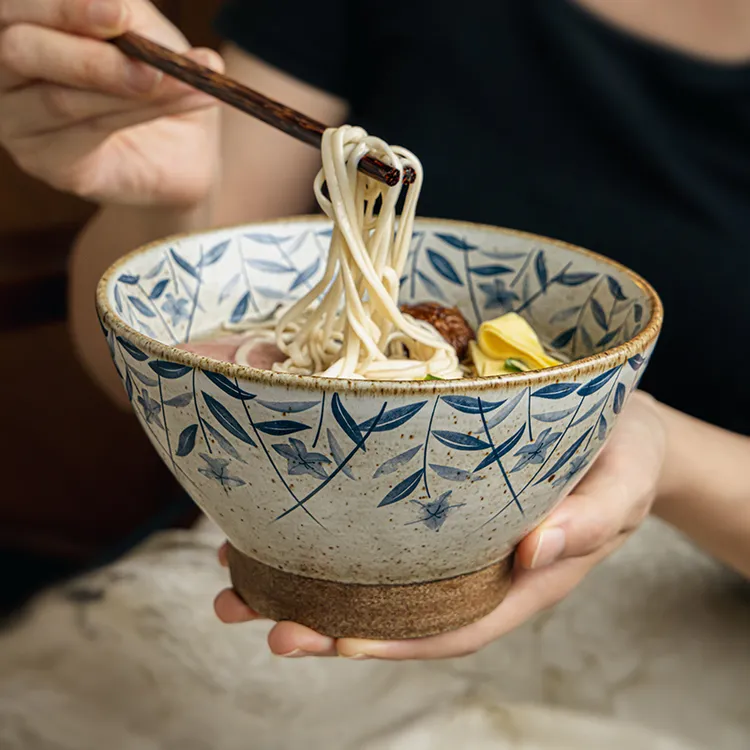 小悠家 古朴厚重桔梗花6.5英寸高脚面碗粗陶斗笠碗日式拉面碗