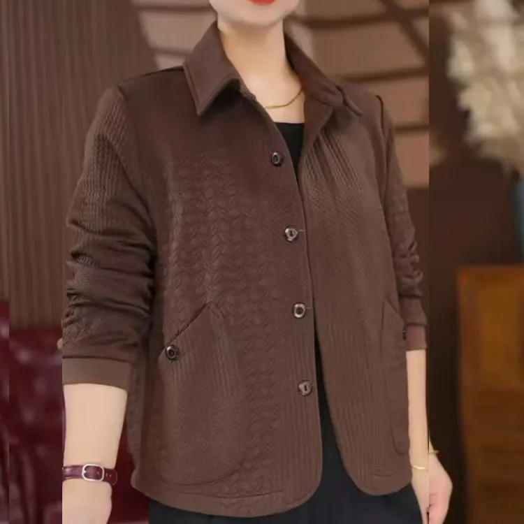 纯色短外套秋季宽松女士翻领开衫外套秋季提花开衫外套大码妈妈装
