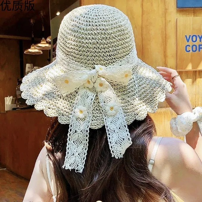 蕾丝小雏菊飘带草帽大檐草帽女旅游穿搭春夏遮阳防晒帽子镂空帽子