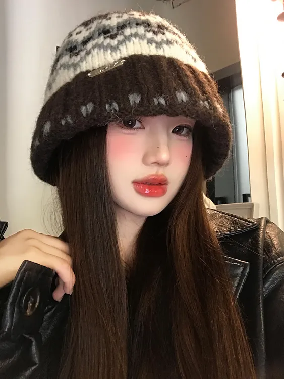 费尔岛风提花渔夫帽女秋冬季复古氛围感针织帽防寒保暖盆帽显脸小