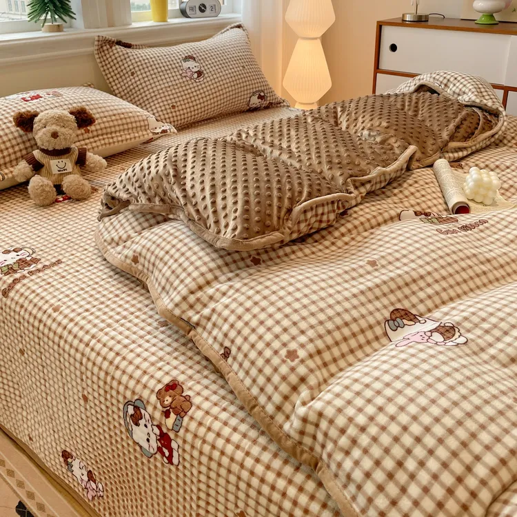 冬季保暖高克重豆豆绒牛奶绒床盖四件套双面绒被套加绒加厚防静电