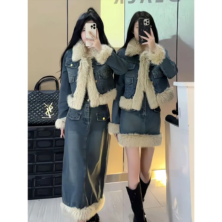 牛仔套装女冬季新款小香风加厚夹棉毛绒短外套+高腰长短裙两件套