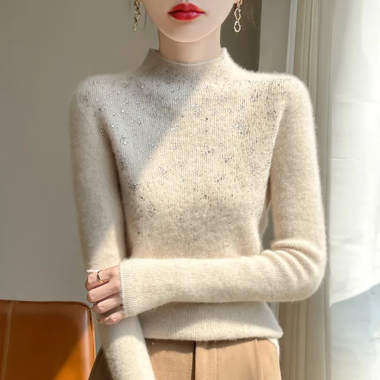 新款重工一体加绒烫钻毛衣女加厚秋冬洋气加厚修身内搭针织打底衫