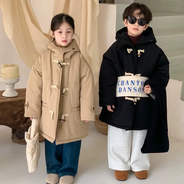 儿童棉服男女童冬季加厚牛角扣连帽中长款大衣宝宝休闲棉衣外套潮