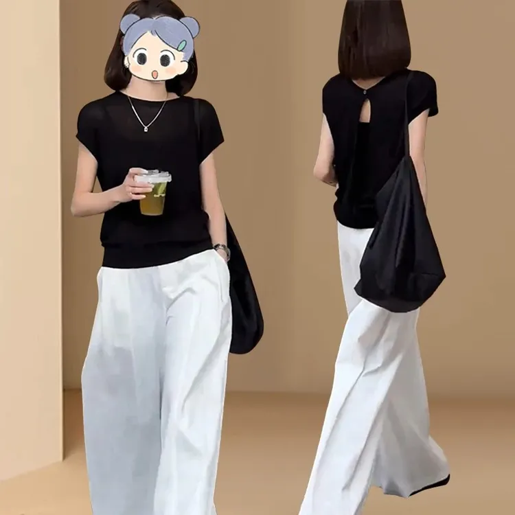 夏季搭配一整套女2025新款时尚百搭黑色短袖T恤白色阔腿裤两件套
