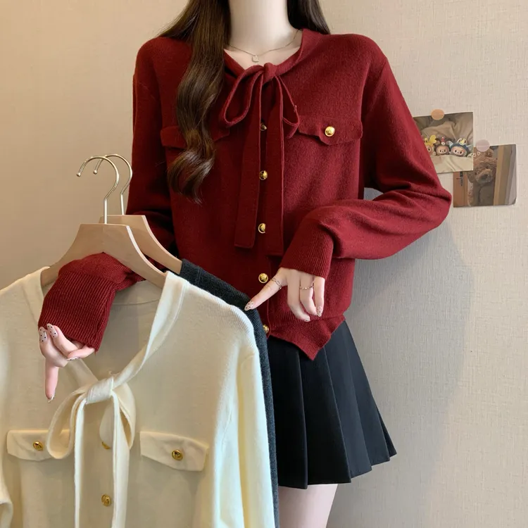 大码秋冬小香风短款针织开衫毛衣女胖MM法式蝴蝶结系带打底衫6079
