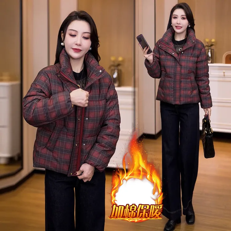 2025冬季新款格子撞色设计感长袖棉服女休闲百搭加厚开衫外套上衣