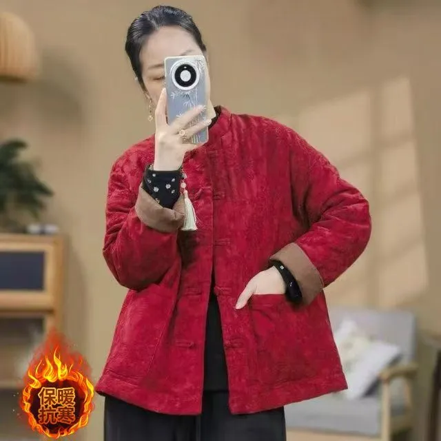 新中式复古盘扣亚麻炒色提花夹棉拜年棉服老钱风松弛感女装贵气