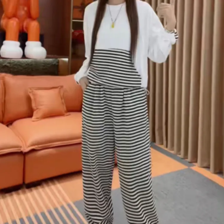 时尚条纹套装女早秋新款宽松显瘦遮肚休闲T恤搭配哈伦裤