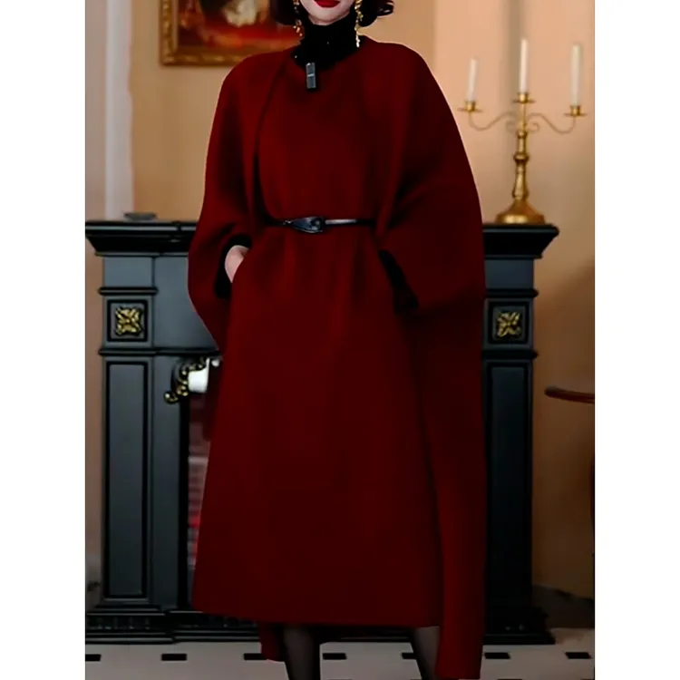 高级感新年战袍裙套装女2025冬季新款毛呢披肩+无袖连衣裙两件套