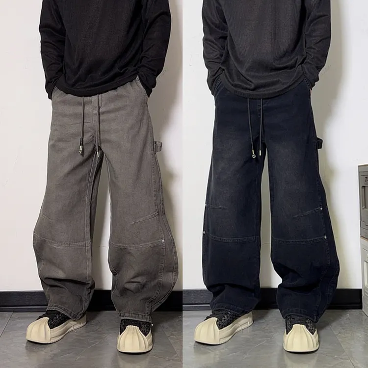 美式高街垂感做旧休闲水洗百搭撞色脏脏裤阔腿抽绳宽松弯刀牛仔裤