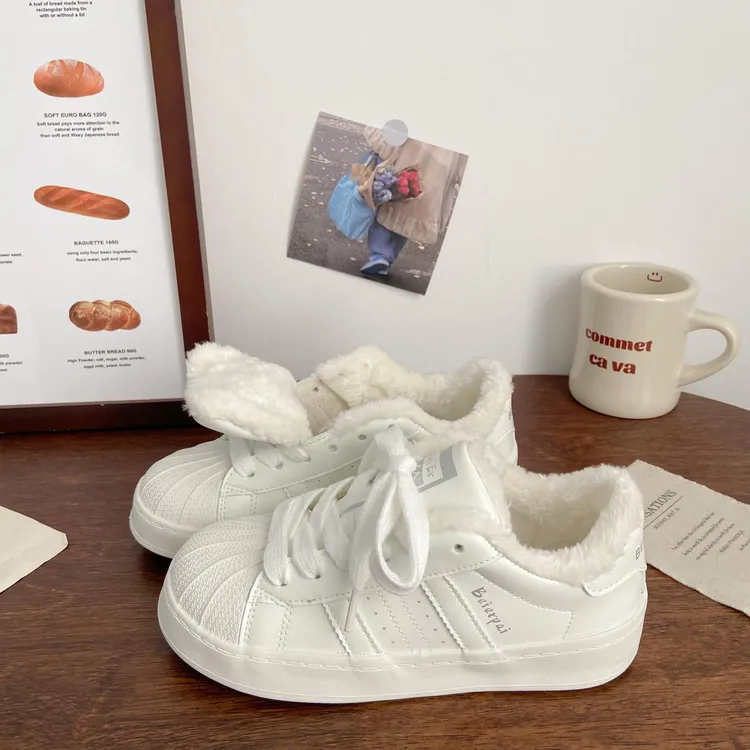 贝壳头加绒二棉小白鞋女百搭冬季新款chic小众低帮低帮板嘻哈板鞋