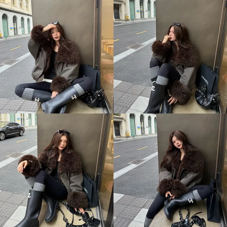 「纽约时报」美式复古派克服女短款羊皮毛一体毛领皮草外套
